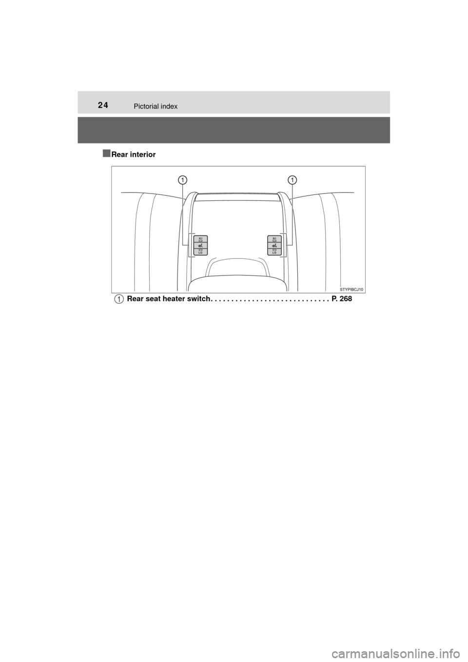 TOYOTA MIRAI 2017 1.G Owners Manual 24Pictorial index
MIRAI_OM_USA_OM62023U
■Rear interiorRear seat heater switch. . . . . . . . . . . . . . . . . . . . . . . . . . . . .  P. 268 