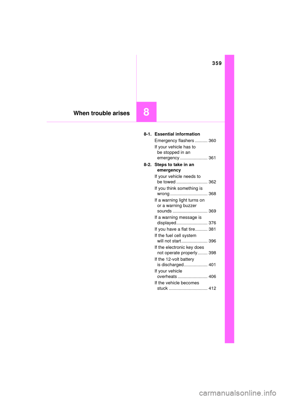 TOYOTA MIRAI 2017 1.G Owners Manual 359
8When trouble arises
MIRAI_OM_USA_OM62023U8-1. Essential information
Emergency flashers .......... 360
If your vehicle has to be stopped in an 
emergency ...................... 361
8-2. Steps to t