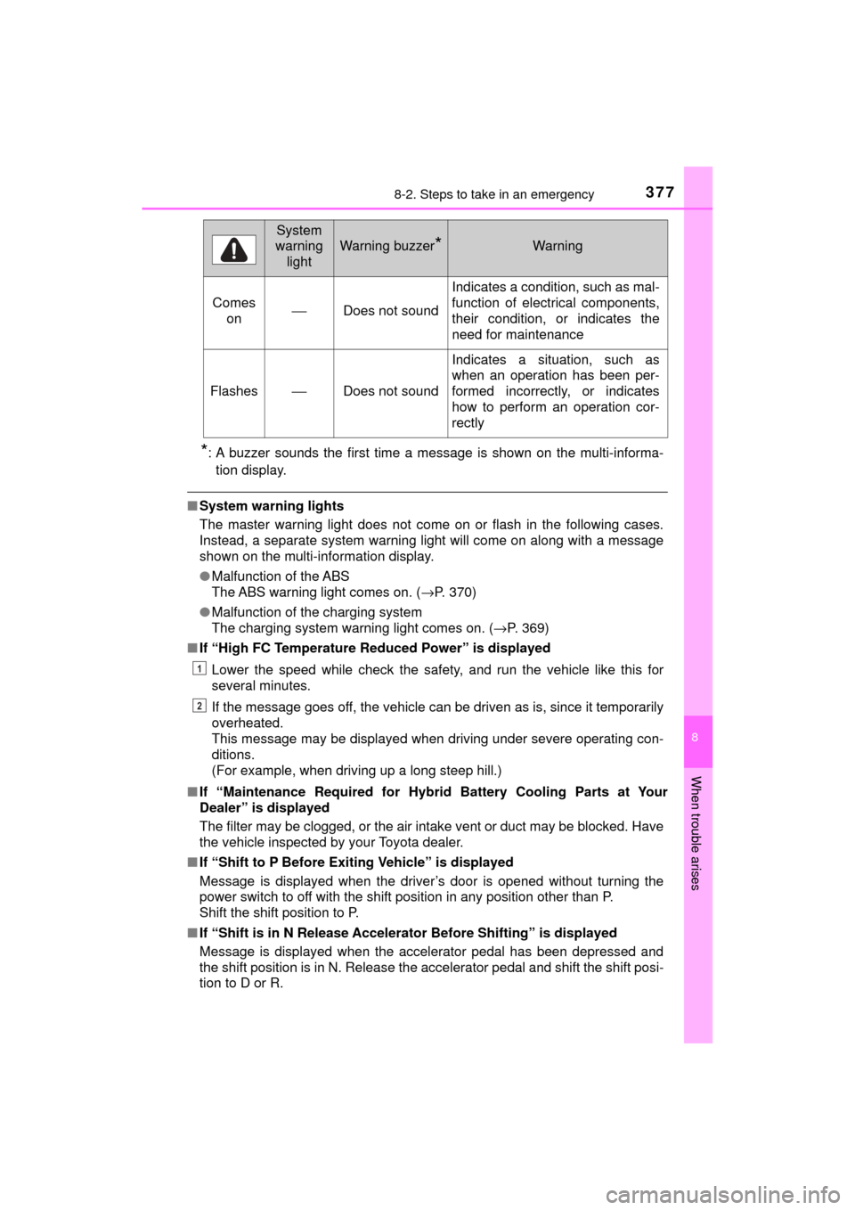 TOYOTA MIRAI 2017 1.G Owners Manual 3778-2. Steps to take in an emergency
MIRAI_OM_USA_OM62023U
8
When trouble arises
*: A buzzer sounds the first time a message is shown on the multi-informa-tion display.
■ System warning lights
The 