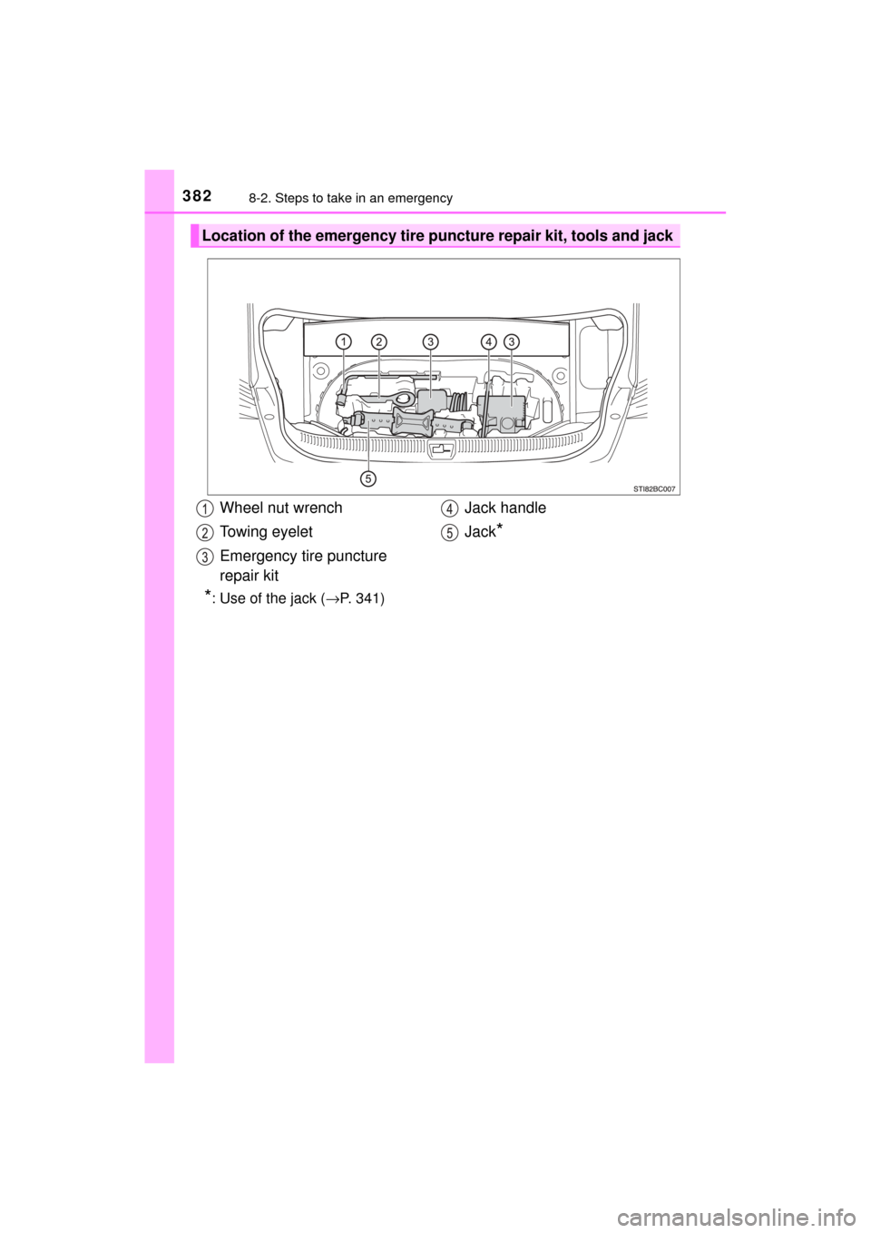 TOYOTA MIRAI 2017 1.G Owners Manual 3828-2. Steps to take in an emergency
MIRAI_OM_USA_OM62023U
Location of the emergency tire puncture repair kit, tools and jack
Wheel nut wrench
Towing eyelet
Emergency tire puncture 
repair kit
*: Use