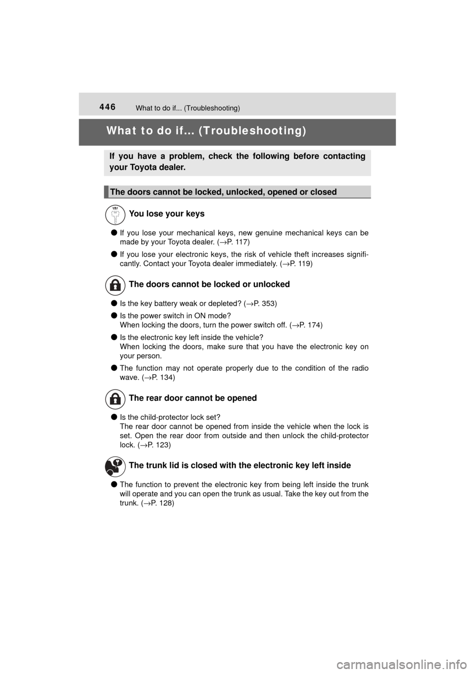 TOYOTA MIRAI 2017 1.G Owners Manual 446What to do if... (Troubleshooting)
MIRAI_OM_USA_OM62023U
What to do if... (Troubleshooting)
●If you lose your mechanical keys, new genuine mechanical keys can be
made by your Toyota dealer. ( → TOYOTA MIRAI 2017 1.G Owners Manual 446What to do if... (Troubleshooting)
MIRAI_OM_USA_OM62023U
What to do if... (Troubleshooting)
●If you lose your mechanical keys, new genuine mechanical keys can be
made by your Toyota dealer. ( →