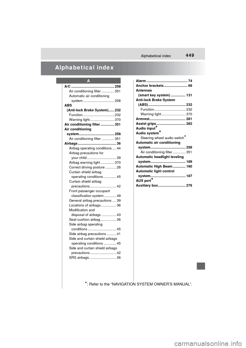 TOYOTA MIRAI 2017 1.G Owners Manual 449Alphabetical index
MIRAI_OM_USA_OM62023U
Alphabetical index
A/C ............................................ 258Air conditioning filter ............. 351
Automatic air conditioning
system ........ TOYOTA MIRAI 2017 1.G Owners Manual 449Alphabetical index
MIRAI_OM_USA_OM62023U
Alphabetical index
A/C ............................................ 258Air conditioning filter ............. 351
Automatic air conditioning
system ........