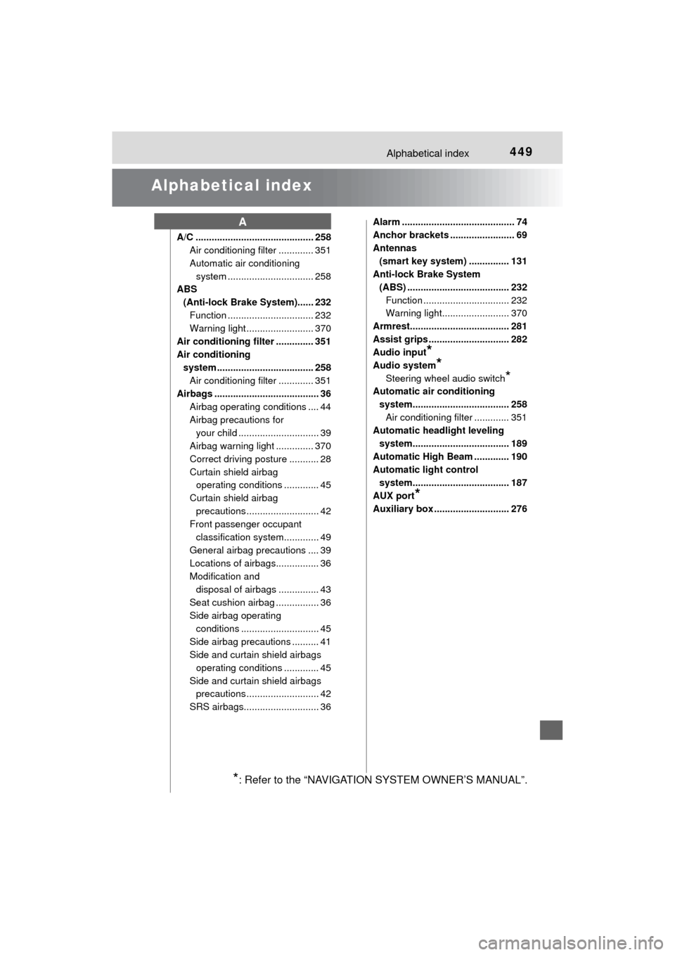 TOYOTA MIRAI 2017 1.G Owners Manual 449Alphabetical index
MIRAI_OM_USA_OM62023U
Alphabetical index
A/C ............................................ 258Air conditioning filter ............. 351
Automatic air conditioning 
system ........