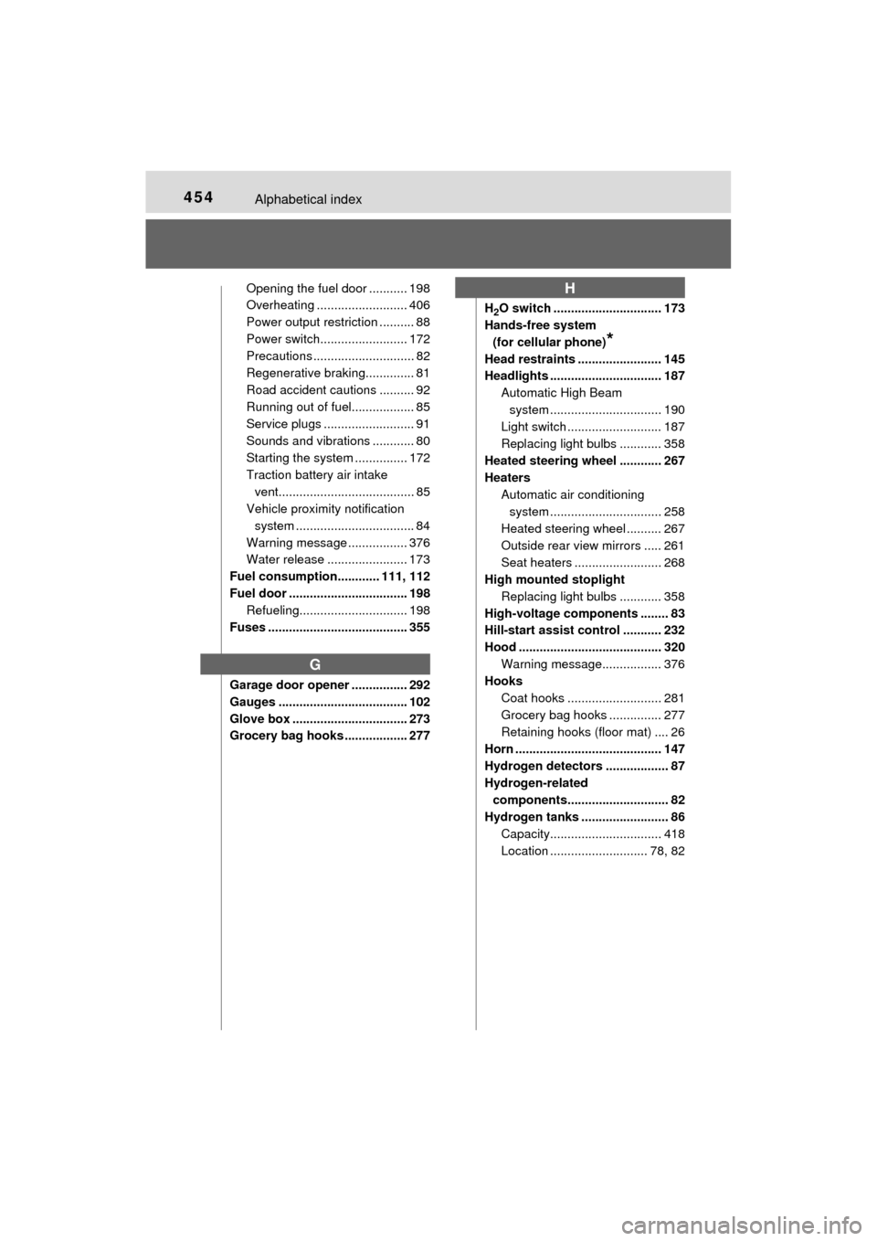 TOYOTA MIRAI 2017 1.G Owners Manual 454Alphabetical index
MIRAI_OM_USA_OM62023U
Opening the fuel door ........... 198
Overheating .......................... 406
Power output restriction .......... 88
Power switch........................