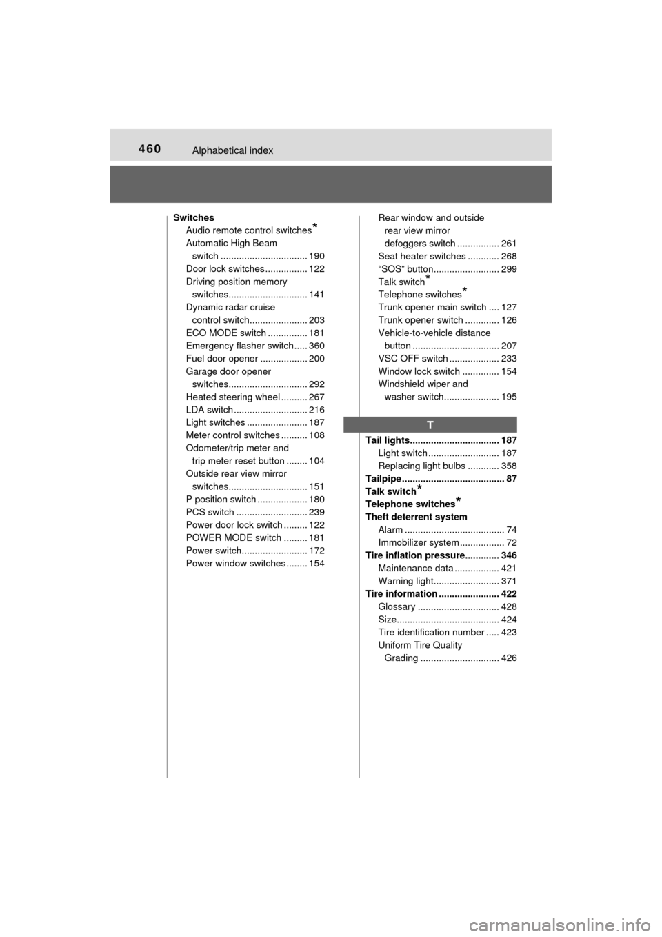 TOYOTA MIRAI 2017 1.G Owners Manual 460Alphabetical index
MIRAI_OM_USA_OM62023U
SwitchesAudio remote control switches
*
Automatic High Beam
switch ................................. 190
Door lock switches ................ 122
Driving po TOYOTA MIRAI 2017 1.G Owners Manual 460Alphabetical index
MIRAI_OM_USA_OM62023U
SwitchesAudio remote control switches
*
Automatic High Beam
switch ................................. 190
Door lock switches ................ 122
Driving po