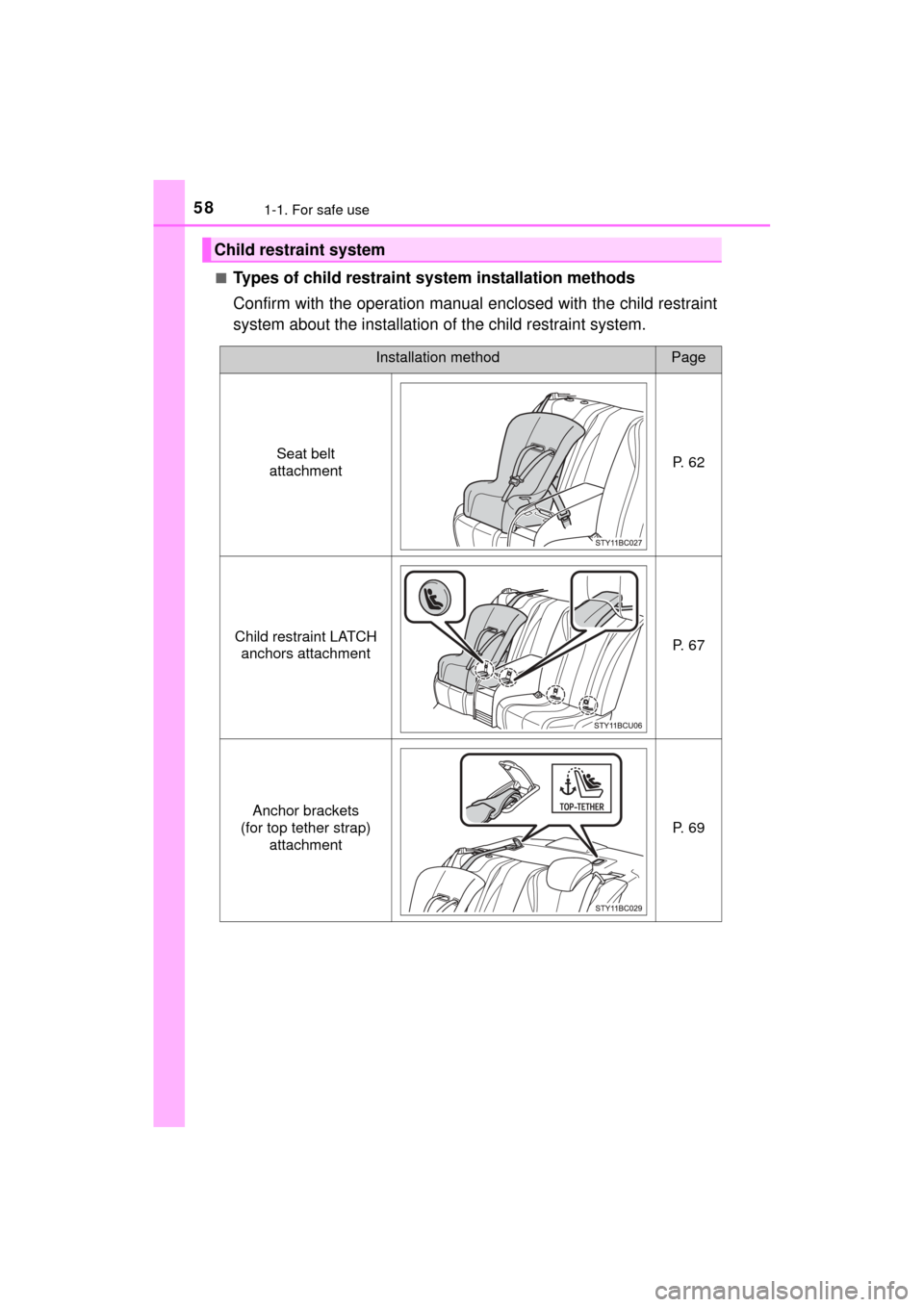 TOYOTA MIRAI 2017 1.G Workshop Manual 581-1. For safe use
MIRAI_OM_USA_OM62023U■
Types of child restraint sy
stem installation methods
Confirm with the operation manual enclosed with the child restraint
system about the installation of TOYOTA MIRAI 2017 1.G Workshop Manual 581-1. For safe use
MIRAI_OM_USA_OM62023U■
Types of child restraint sy
stem installation methods
Confirm with the operation manual enclosed with the child restraint
system about the installation of