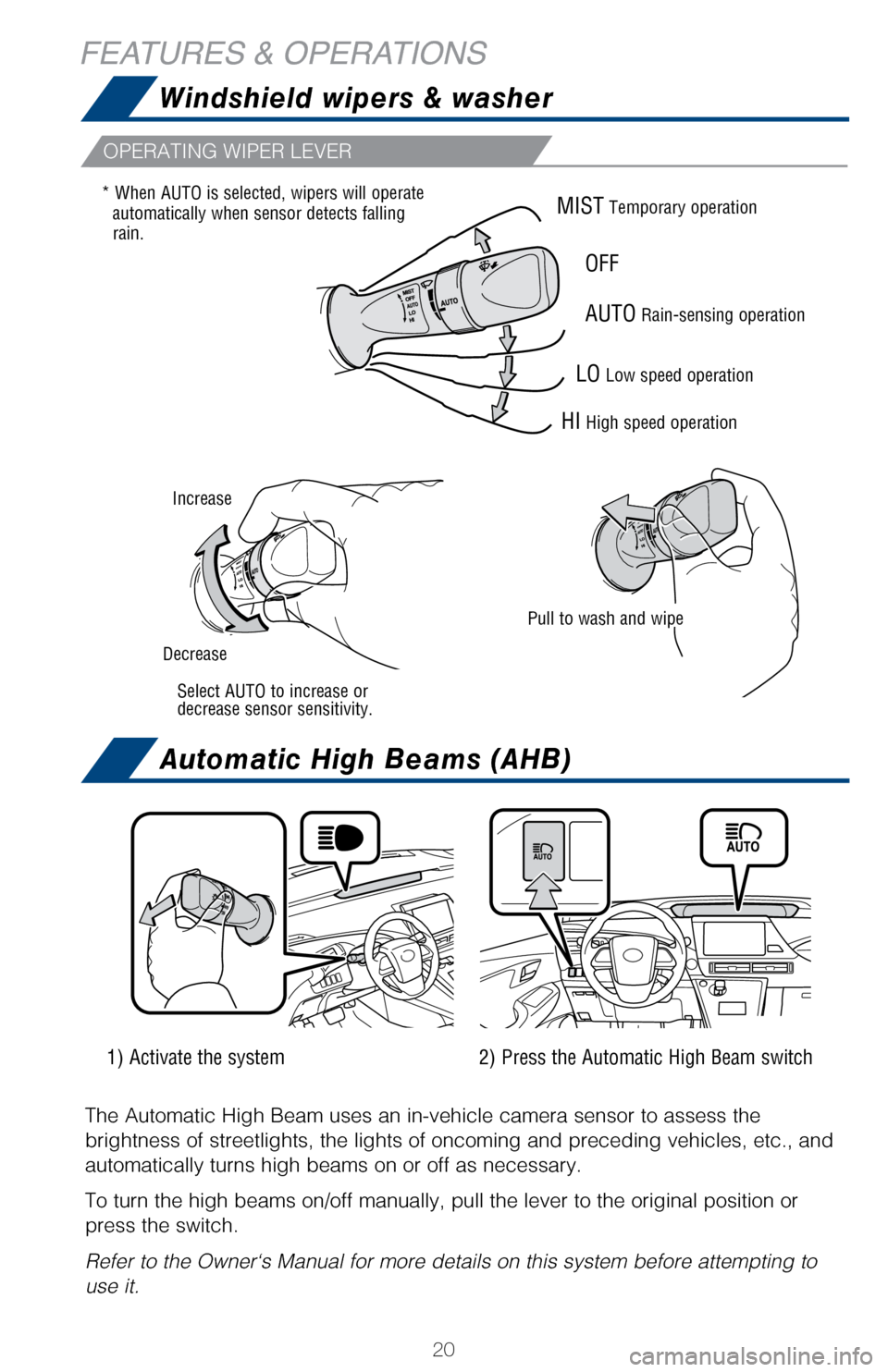TOYOTA MIRAI 2017 1.G Quick Reference Guide 20
FEATURES & OPERATIONS
OPERATING WIPER LEVER
MIST Temporary operation
AUTO Rain-sensing operation
LO Low speed operation
HI High speed operation
OFF
Pull to wash and wipe
Select AUTO to increase or
TOYOTA MIRAI 2017 1.G Quick Reference Guide 20
FEATURES & OPERATIONS
OPERATING WIPER LEVER
MIST Temporary operation
AUTO Rain-sensing operation
LO Low speed operation
HI High speed operation
OFF
Pull to wash and wipe
Select AUTO to increase or