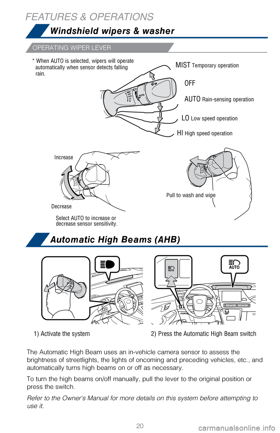 TOYOTA MIRAI 2017 1.G Quick Reference Guide 20
FEATURES & OPERATIONS
OPERATING WIPER LEVER
MIST Temporary operation
AUTO Rain-sensing operation
LO Low speed operation
HI High speed operation
OFF
Pull to wash and wipe
Select AUTO to increase or
