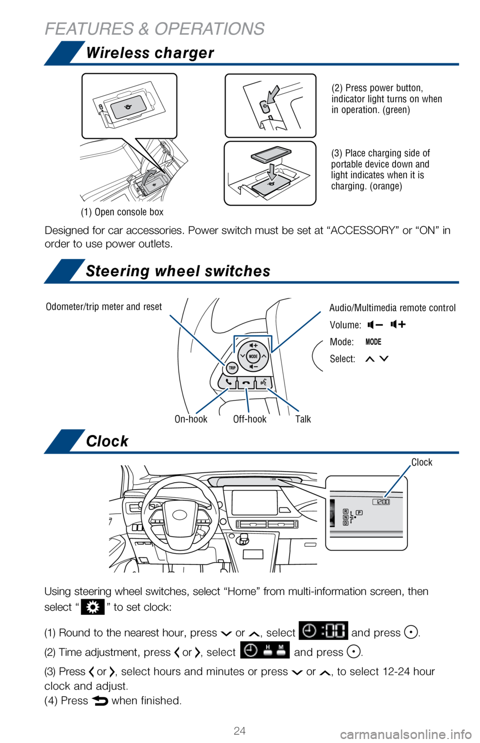 TOYOTA MIRAI 2017 1.G Quick Reference Guide 24
Wireless charger
Steering wheel switches
Clock
Volume:  
Mode:   
Select:   
Designed for car accessories. Power switch must be set at “ACCESSORY”\
 or “ON” in 
order to use power outlets.

