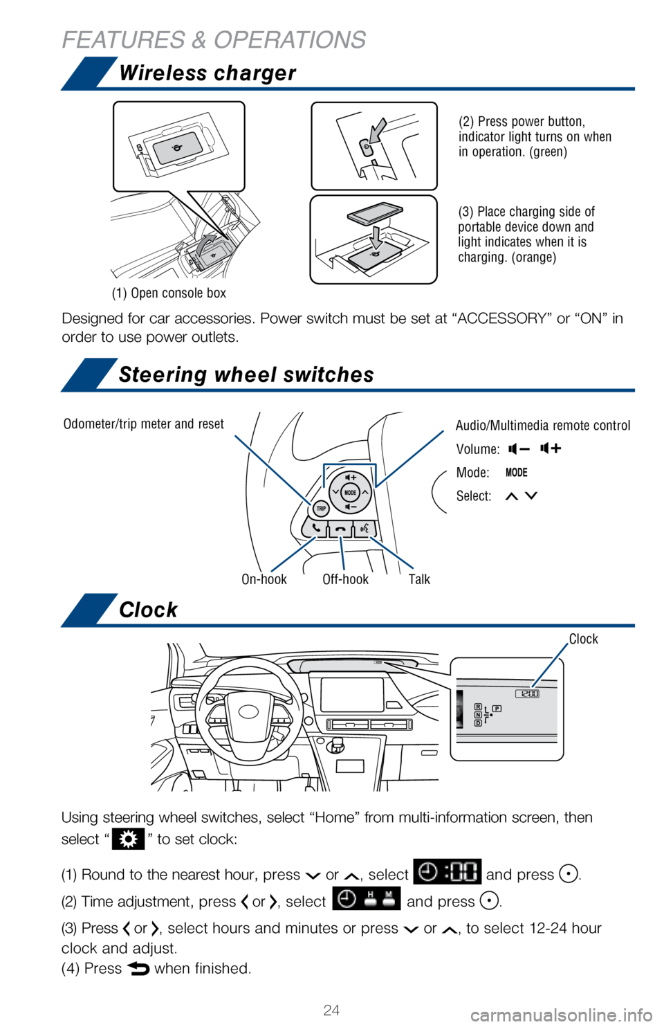 TOYOTA MIRAI 2017 1.G Quick Reference Guide 24
Wireless charger
Steering wheel switches
Clock
Volume:
Mode:
Select:
Designed for car accessories. Power switch must be set at “ACCESSORY”\
or “ON” in
order to use power outlets.
TOYOTA MIRAI 2017 1.G Quick Reference Guide 24
Wireless charger
Steering wheel switches
Clock
Volume:
Mode:
Select:
Designed for car accessories. Power switch must be set at “ACCESSORY”\
or “ON” in
order to use power outlets.