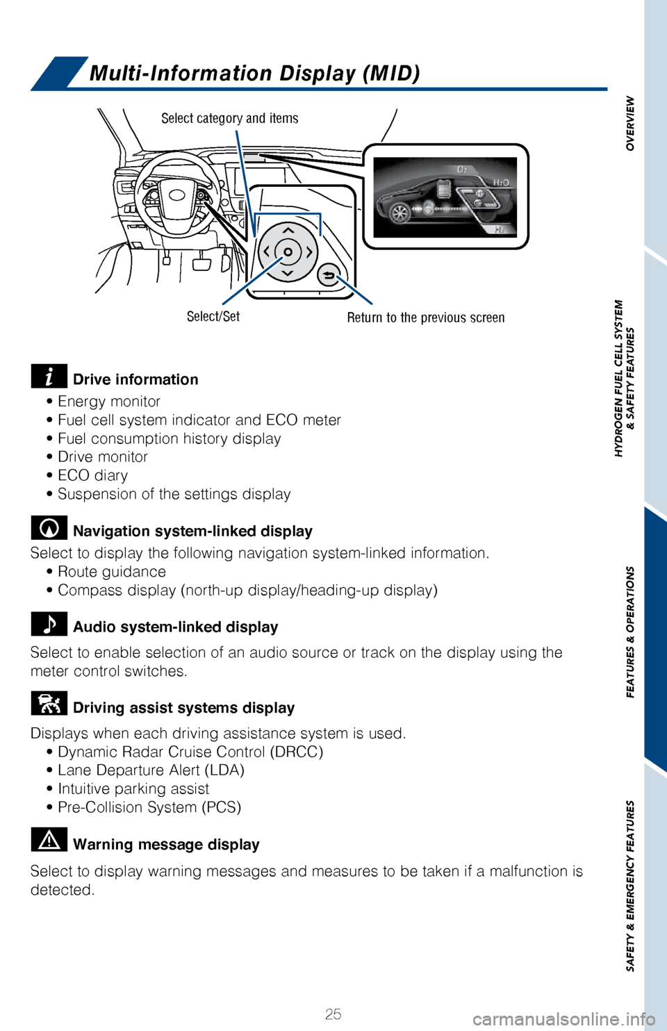 TOYOTA MIRAI 2017 1.G Quick Reference Guide 25
OVERVIEW
HYDROGEN FUEL CELL SYSTEM
& SAFETY FEATURES
FEATURES & OPERATIONS
SAFETY & EMERGENCY FEATURES
Multi-Information Display (MID)
Select category and items
Select/SetReturn to the previous scr TOYOTA MIRAI 2017 1.G Quick Reference Guide 25
OVERVIEW
HYDROGEN FUEL CELL SYSTEM
& SAFETY FEATURES
FEATURES & OPERATIONS
SAFETY & EMERGENCY FEATURES
Multi-Information Display (MID)
Select category and items
Select/SetReturn to the previous scr
