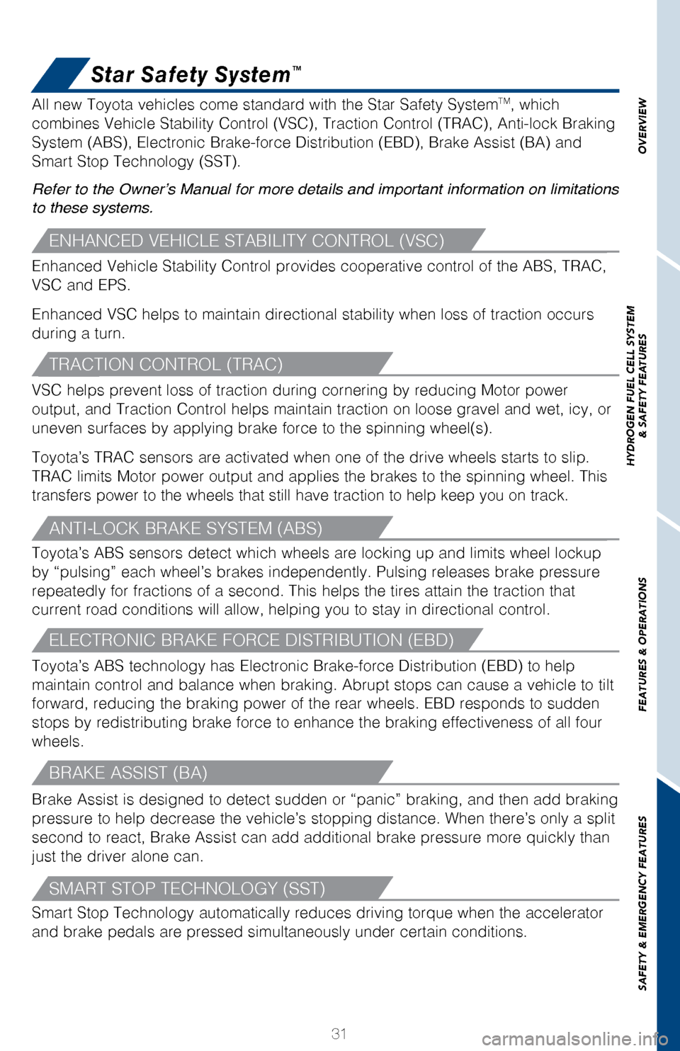 TOYOTA MIRAI 2017 1.G Quick Reference Guide 31
OVERVIEW
HYDROGEN FUEL CELL SYSTEM
& SAFETY FEATURES
FEATURES & OPERATIONS
SAFETY & EMERGENCY FEATURES
Star Safety System™
Enhanced Vehicle Stability Control provides cooperative control of the A TOYOTA MIRAI 2017 1.G Quick Reference Guide 31
OVERVIEW
HYDROGEN FUEL CELL SYSTEM
& SAFETY FEATURES
FEATURES & OPERATIONS
SAFETY & EMERGENCY FEATURES
Star Safety System™
Enhanced Vehicle Stability Control provides cooperative control of the A