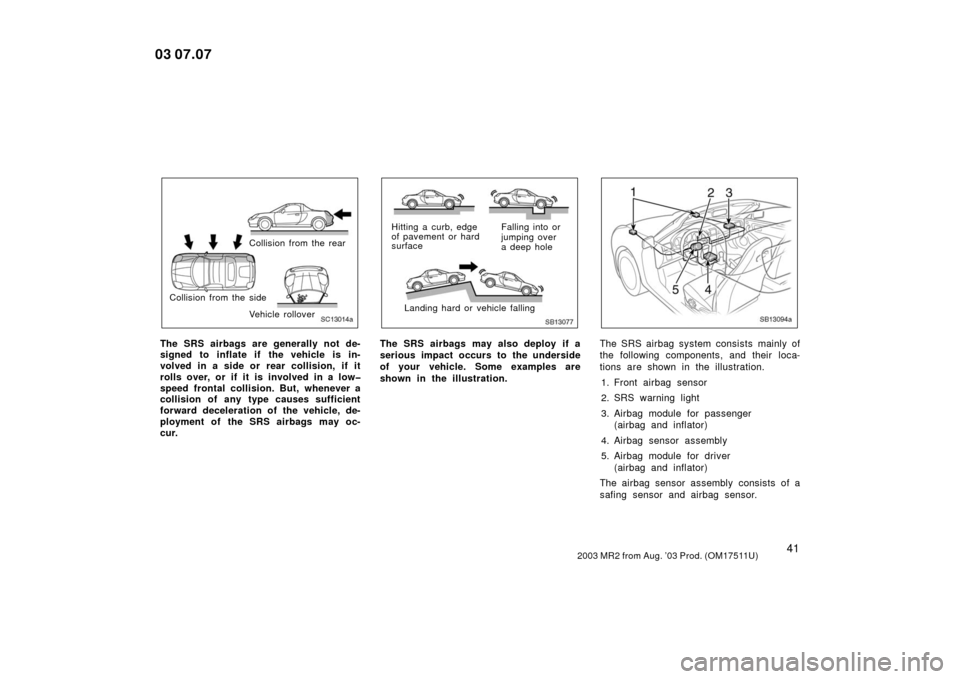TOYOTA MR2 SPYDER 2003 W30 / 3.G Service Manual 412003 MR2 from Aug. ’03 Prod. (OM17511U)
SC13014a
Collision from the rear
Collision from the side Vehicle rollover
The SRS airbags are generally not de-
signed to inflate if  the vehicle is in-
vol