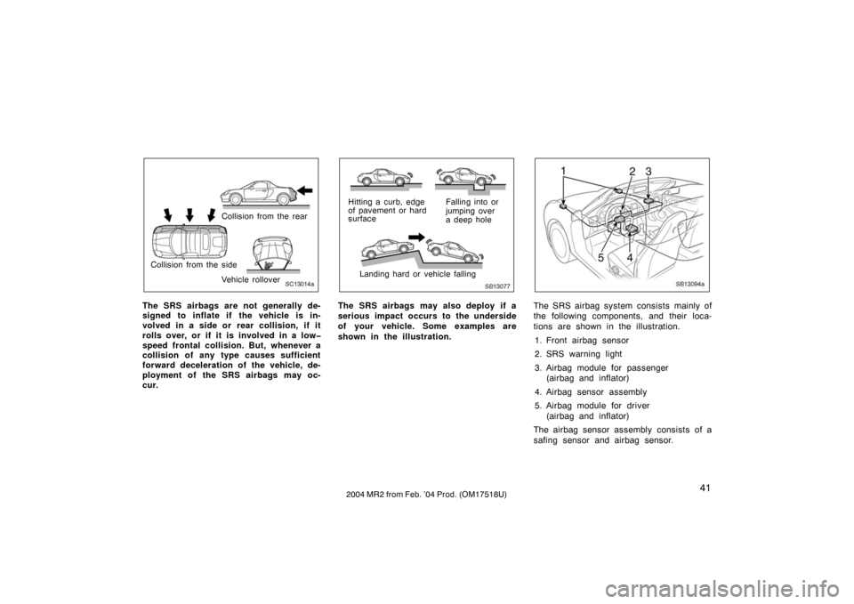 TOYOTA MR2 SPYDER 2004 W30 / 3.G User Guide 412004 MR2 from Feb. ’04 Prod. (OM17518U)
SC13014a
Collision from the rear
Collision from the side Vehicle rollover
The SRS airbags are not generally de-
signed to inflate if  the vehicle is in-
vol