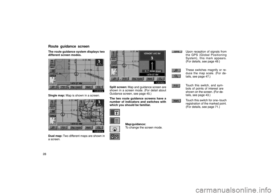TOYOTA PRIUS 2002 1.G Navigation Manual 28The route guidance system displays two
different screen modes.
1UE050a
Single map: Map is shown in a screen.
1UE051a
Dual 
map: Two different maps are shown in
a screen.
1UE052a
Split screen:  Map a