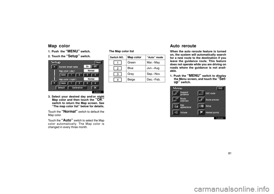 TOYOTA PRIUS 2002 1.G Navigation Manual 81
1. Push  the 
“MENU” switch.
2. Touch the 
“Setup” switch.
3UE001
3. Select your desired day and/or night Map color and then touch the ”OK”switch to return the Map screen. See
“The ma