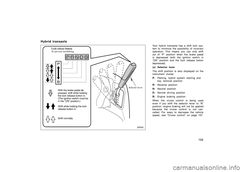 TOYOTA PRIUS 2002 1.G Owners Manual 103
Hybrid transaxle
Your hybrid transaxle has a shift lock sys-
tem to minimize the possibility of incorrect
operation. This means you can only shift
out of “P” position when the brake pedal
is TOYOTA PRIUS 2002 1.G Owners Manual 103
Hybrid transaxle
Your hybrid transaxle has a shift lock sys-
tem to minimize the possibility of incorrect
operation. This means you can only shift
out of “P” position when the brake pedal
is