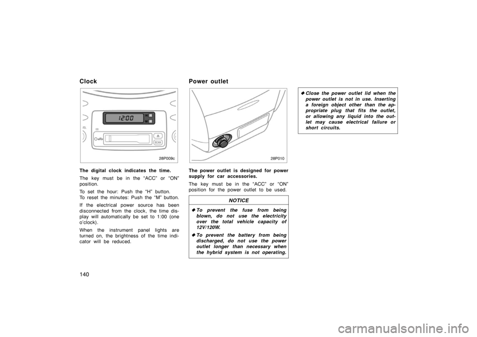 TOYOTA PRIUS 2002 1.G Owners Manual 140
Clock
28p009c
The digital clock indicates the time.
The key must be in the “ACC” or “ON”
position.
To set the hour: Push the “H” button. 
To reset the minutes: Push the “M” button.