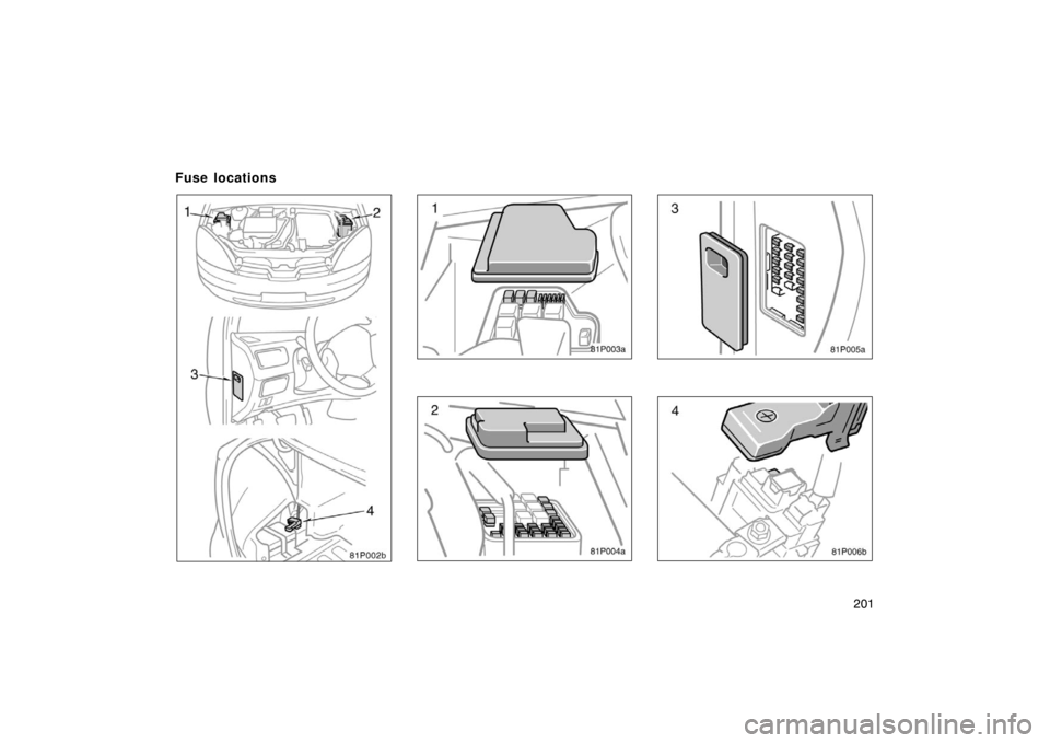 TOYOTA PRIUS 2002 1.G Owners Manual 201
81p002b
81p003a
81p004a
81p005a
81p006b
Fuse locations 