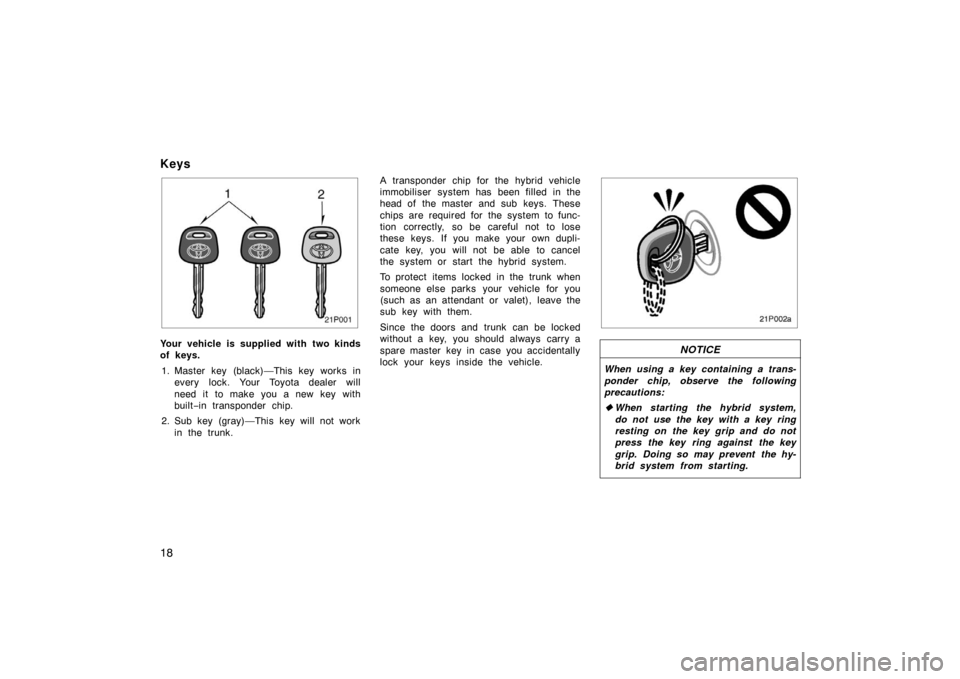 TOYOTA PRIUS 2002 1.G Owners Guide 18
Keys
21p001
Your vehicle is supplied with two kinds
of keys.1. Master key (black)—This key works in every lock. Your Toyota dealer will
need it to make you a new key with
built −in transponder 