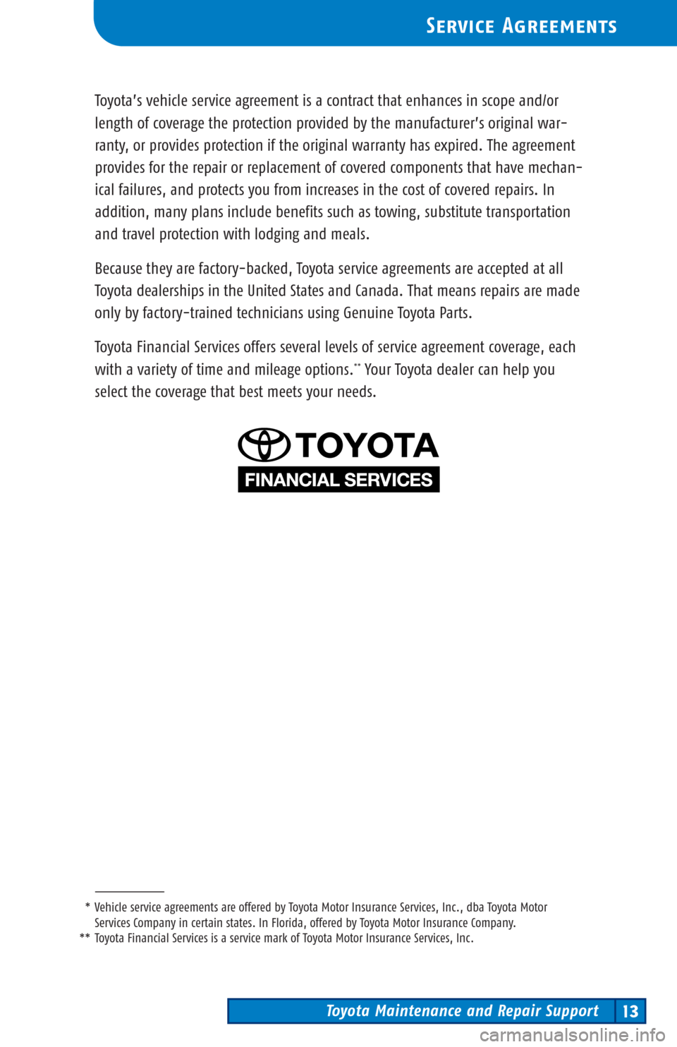 TOYOTA PRIUS 2002 1.G Scheduled Maintenance Guide Toyota Maintenance and Repair Support13
Service Agreements
Toyota’s vehicle service agreement is a contract that enhances in scope and/or
length of coverage the protection provided by the manufactur TOYOTA PRIUS 2002 1.G Scheduled Maintenance Guide Toyota Maintenance and Repair Support13
Service Agreements
Toyota’s vehicle service agreement is a contract that enhances in scope and/or
length of coverage the protection provided by the manufactur