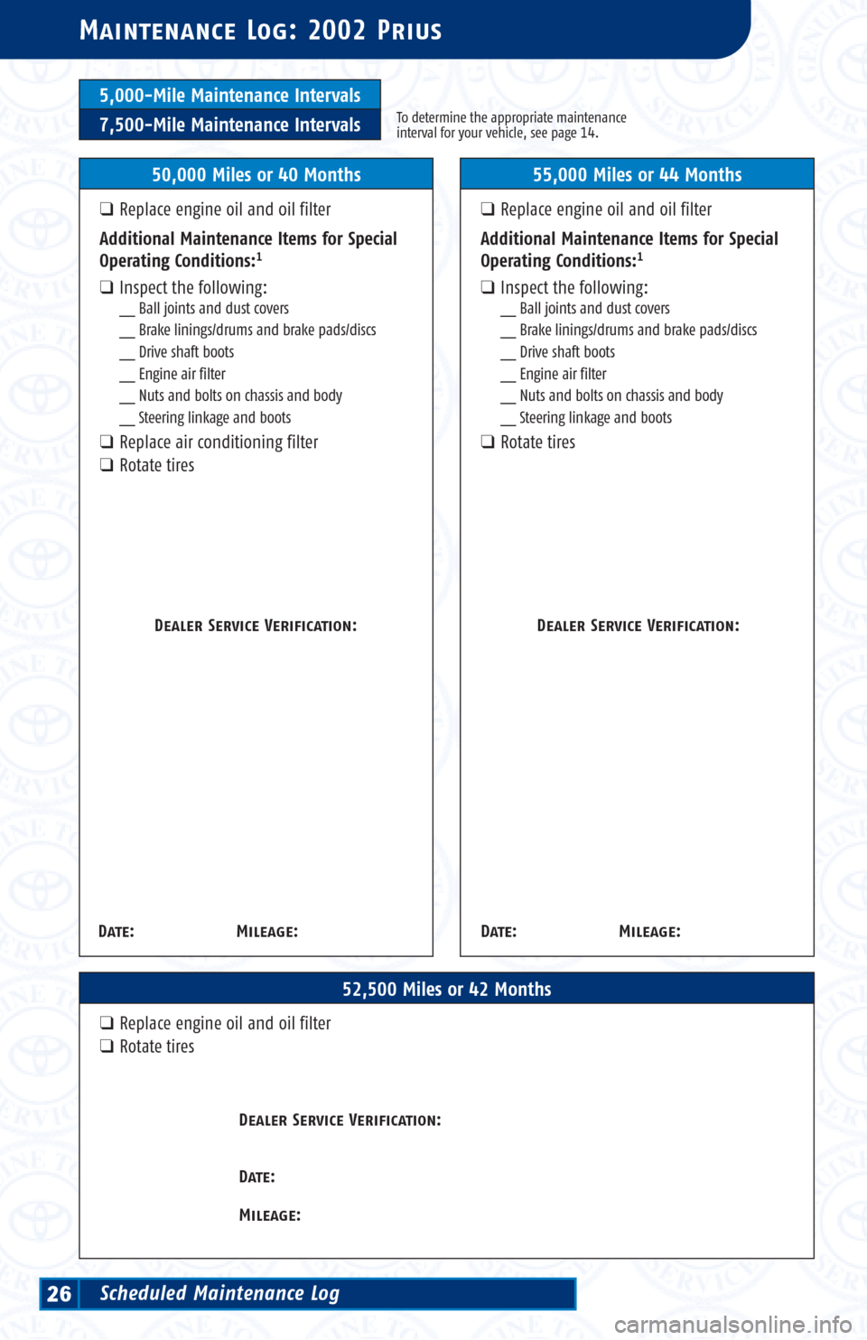 TOYOTA PRIUS 2002 1.G Scheduled Maintenance Guide 5,000-Mile Maintenance Intervals
7,500-Mile Maintenance IntervalsTo determine the appropriate maintenance
interval for your vehicle, see page 14.
Maintenance Log: 2002 Prius
52,500 Miles or 42 Months
TOYOTA PRIUS 2002 1.G Scheduled Maintenance Guide 5,000-Mile Maintenance Intervals
7,500-Mile Maintenance IntervalsTo determine the appropriate maintenance
interval for your vehicle, see page 14.
Maintenance Log: 2002 Prius
52,500 Miles or 42 Months