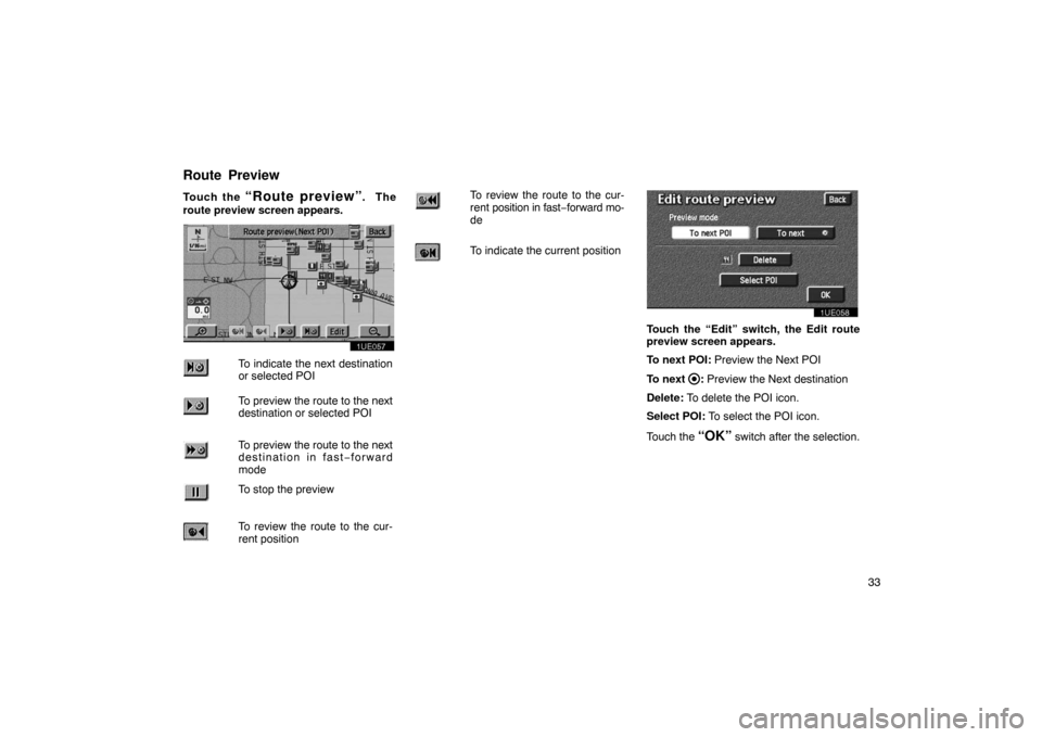 TOYOTA PRIUS 2003 1.G Navigation Manual 33
Touch the 
“Route preview”.  The
route preview screen appears.
1UE057
To indicate the next destination
or selected POI
To preview the route to the next
destination or selected POI
To preview th