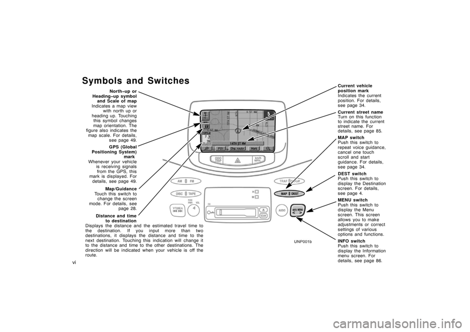 TOYOTA PRIUS 2003 1.G Navigation Manual Current vehicle
position mark
Indicates the current
position. For details,
see page 34.
Current street name
Turn on this function
to indicate the current
street name. For
details, see page 85.
MAP swi