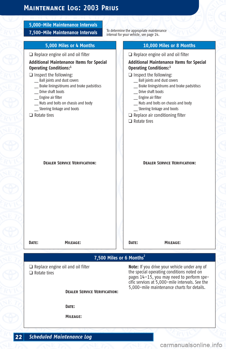 TOYOTA PRIUS 2003 1.G Scheduled Maintenance Guide 5,000-Mile Maintenance Intervals
7,500-Mile Maintenance IntervalsTo determine the appropriate maintenance
interval for your vehicle, see page 14.
Maintenance Log: 2003 Prius
7,500 Miles or 6 Months2
�