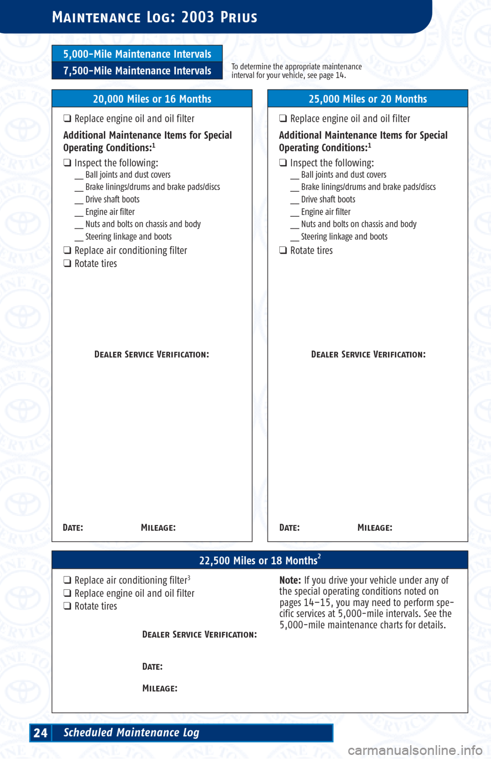 TOYOTA PRIUS 2003 1.G Scheduled Maintenance Guide 5,000-Mile Maintenance Intervals
7,500-Mile Maintenance IntervalsTo determine the appropriate maintenance
interval for your vehicle, see page 14.
Maintenance Log: 2003 Prius
22,500 Miles or 18 Months2 TOYOTA PRIUS 2003 1.G Scheduled Maintenance Guide 5,000-Mile Maintenance Intervals
7,500-Mile Maintenance IntervalsTo determine the appropriate maintenance
interval for your vehicle, see page 14.
Maintenance Log: 2003 Prius
22,500 Miles or 18 Months2