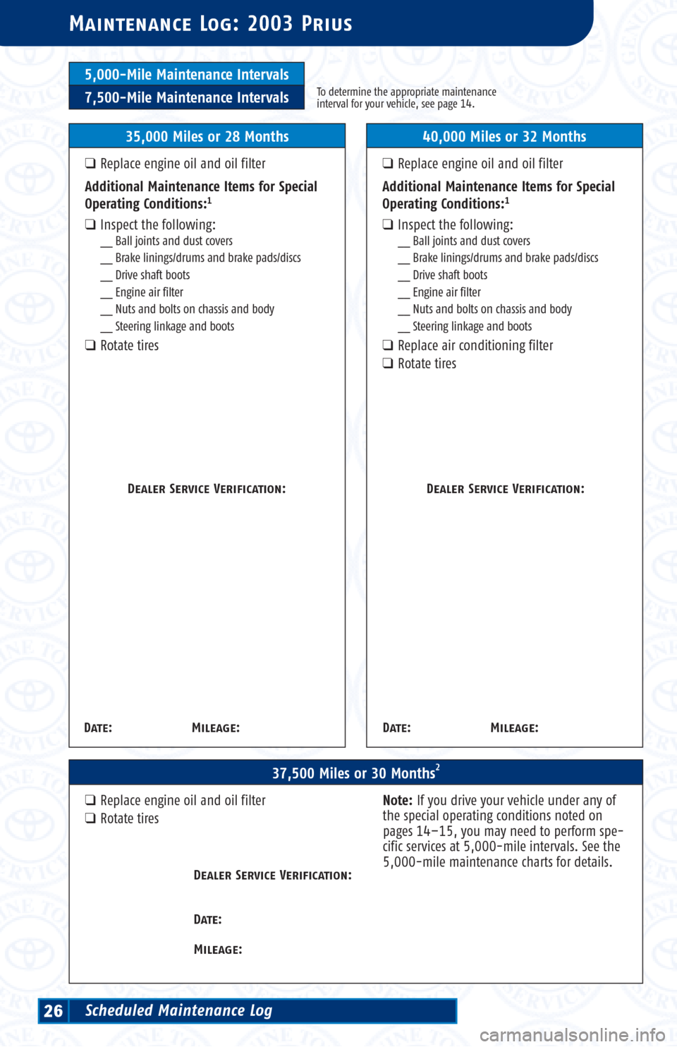 TOYOTA PRIUS 2003 1.G Scheduled Maintenance Guide 5,000-Mile Maintenance Intervals
7,500-Mile Maintenance IntervalsTo determine the appropriate maintenance
interval for your vehicle, see page 14.
Maintenance Log: 2003 Prius
37,500 Miles or 30 Months2 TOYOTA PRIUS 2003 1.G Scheduled Maintenance Guide 5,000-Mile Maintenance Intervals
7,500-Mile Maintenance IntervalsTo determine the appropriate maintenance
interval for your vehicle, see page 14.
Maintenance Log: 2003 Prius
37,500 Miles or 30 Months2