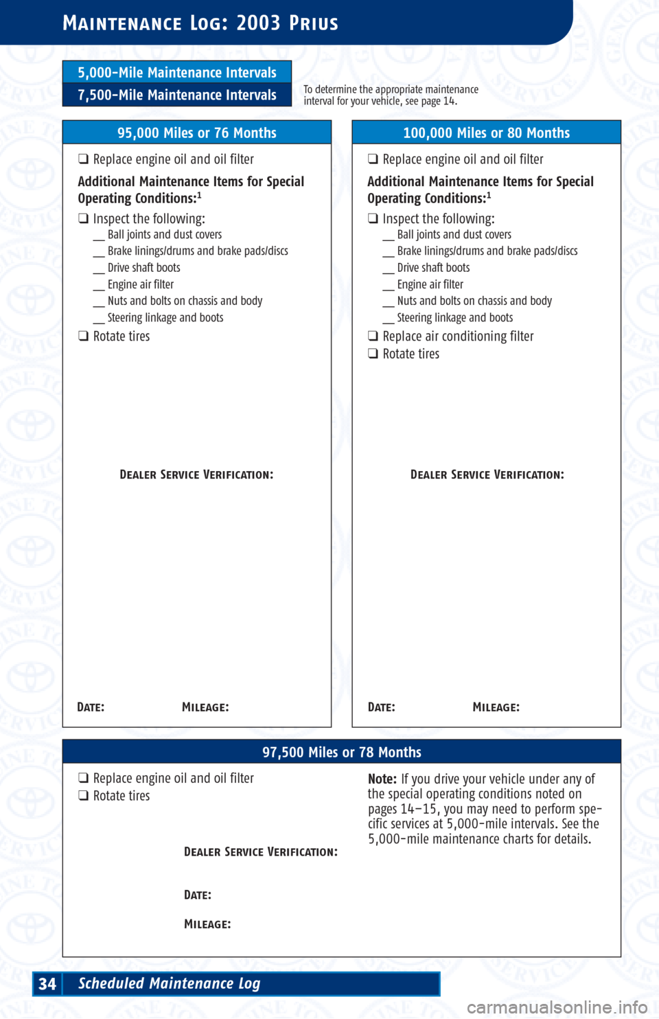 TOYOTA PRIUS 2003 1.G Scheduled Maintenance Guide 5,000-Mile Maintenance Intervals
7,500-Mile Maintenance IntervalsTo determine the appropriate maintenance
interval for your vehicle, see page 14.
Maintenance Log: 2003 Prius
97,500 Miles or 78 Months
TOYOTA PRIUS 2003 1.G Scheduled Maintenance Guide 5,000-Mile Maintenance Intervals
7,500-Mile Maintenance IntervalsTo determine the appropriate maintenance
interval for your vehicle, see page 14.
Maintenance Log: 2003 Prius
97,500 Miles or 78 Months