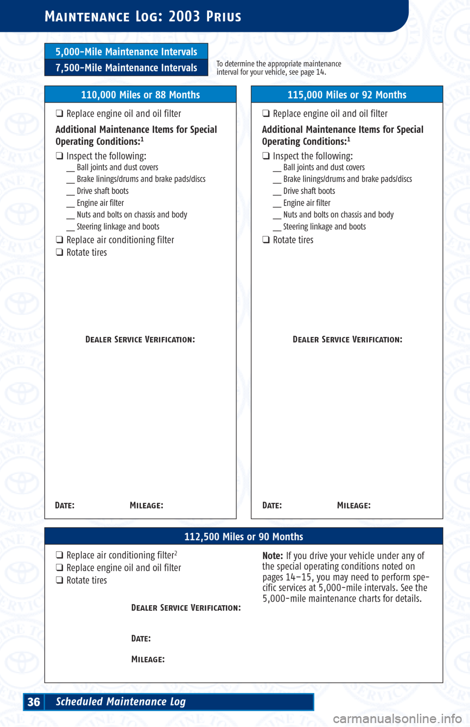 TOYOTA PRIUS 2003 1.G Scheduled Maintenance Guide 5,000-Mile Maintenance Intervals
7,500-Mile Maintenance IntervalsTo determine the appropriate maintenance
interval for your vehicle, see page 14.
Maintenance Log: 2003 Prius
112,500 Miles or 90 Months TOYOTA PRIUS 2003 1.G Scheduled Maintenance Guide 5,000-Mile Maintenance Intervals
7,500-Mile Maintenance IntervalsTo determine the appropriate maintenance
interval for your vehicle, see page 14.
Maintenance Log: 2003 Prius
112,500 Miles or 90 Months