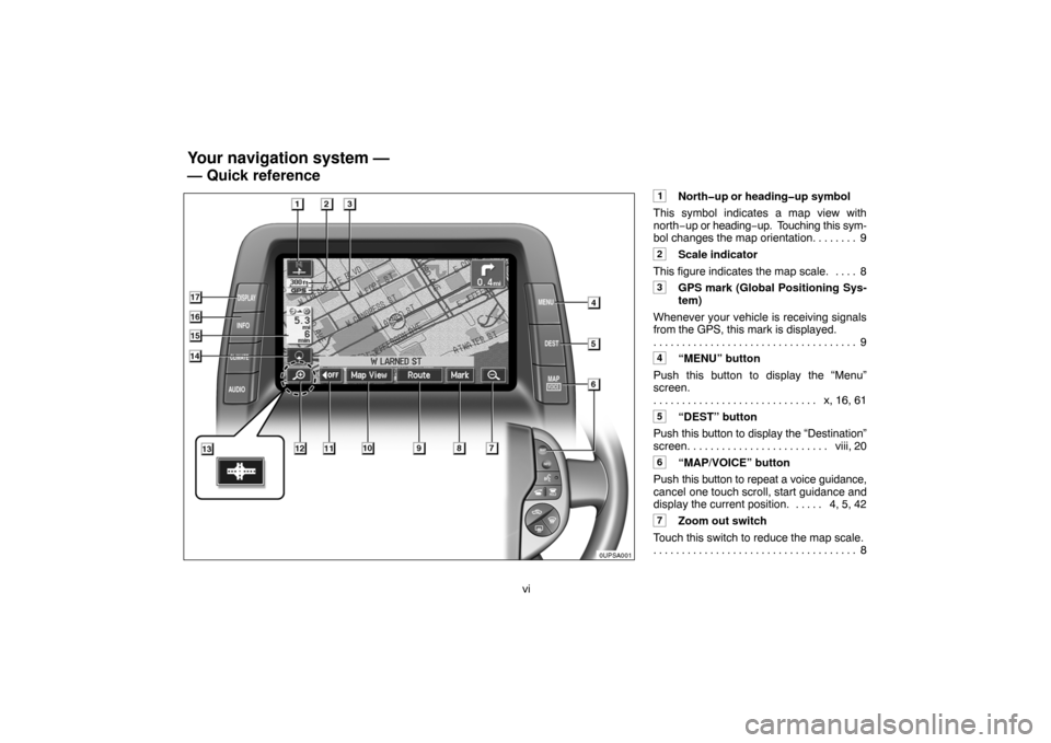TOYOTA PRIUS 2004 2.G Navigation Manual vi
1North�up or heading�up symbol
This symbol indicates a map view with
north−up or heading−up.  Touching this sym-
bol changes the map orientation. 9. . . . . . . 
2Scale indicator
This figure in