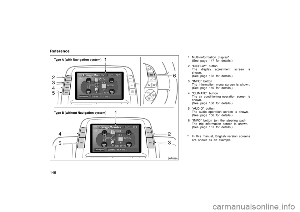 TOYOTA PRIUS 2004 2.G Owners Manual 146
Reference
1. Multi−information display*
(See page 147 for details.)
2. “DISPLAY” button The display adjustment screen is
shown.
(See page 152 for details.)
3. “INFO” button The informati