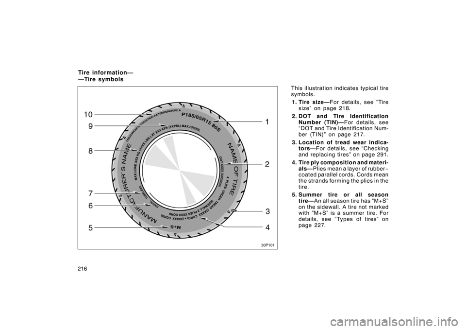 TOYOTA PRIUS 2004 2.G Owners Manual 216This illustration indicates typical tire
symbols.
1. Tire size— For details, see “Tire
size” on page 218.
2. DOT and  Tire Identification Number (TIN)— For details, see
“DOT and Tire Iden