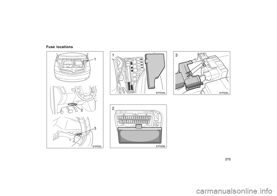 TOYOTA PRIUS 2004 2.G Owners Manual 275
81p002c
81p003b
81p005b
81p006c
Fuse locations 