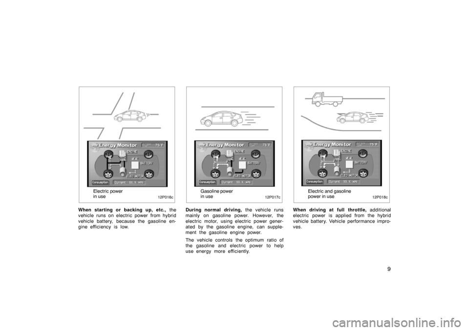 TOYOTA PRIUS 2004 2.G Owners Manual 9
12p016c
Electric power
in use
When starting or backing up, etc.,  the
vehicle runs on electric power from hybrid
vehicle battery, because the gasoline en-
gine efficiency is low.
12p017c
Gasoline  p