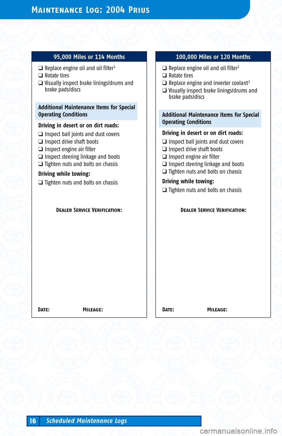 TOYOTA PRIUS 2004 2.G Scheduled Maintenance Guide Maintenance Log: 2004 Prius
Scheduled Maintenance Logs16
95,000 Miles or 114 Months
�Replace engine oil and oil filter1
�Rotate tires 
�Visually inspect brake linings/drums and
brake pads/discs
Additi