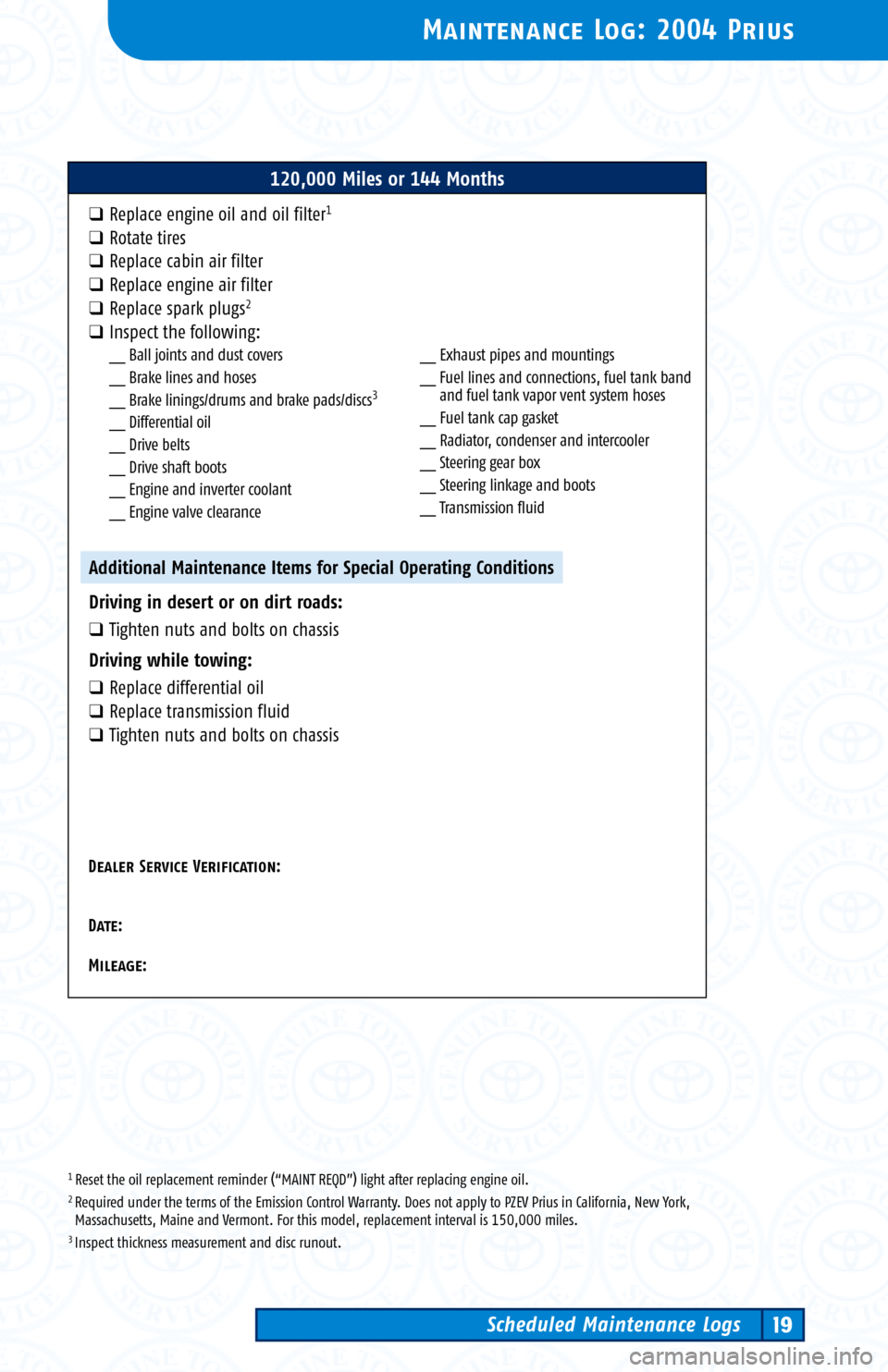 TOYOTA PRIUS 2004 2.G Scheduled Maintenance Guide 1 Reset the oil replacement reminder (“MAINT REQD”) light after replacing engine oil.2 Required under the terms of the Emission Control Warranty. Does not apply to PZEV Prius in California, New Yo