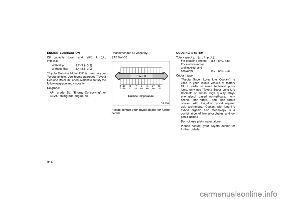 TOYOTA PRIUS 2005 2.G Owners Manual 314
ENGINE LUBRICATION
Oil capacity (drain and refill), L (qt.,
lmp.qt.):With filter 3.7 (3.9, 3.3)
Without filter 3.4 (3.6, 3.0)
“Toyota Genuine Motor Oil” is used in your
Toyota vehicle. Use Toy