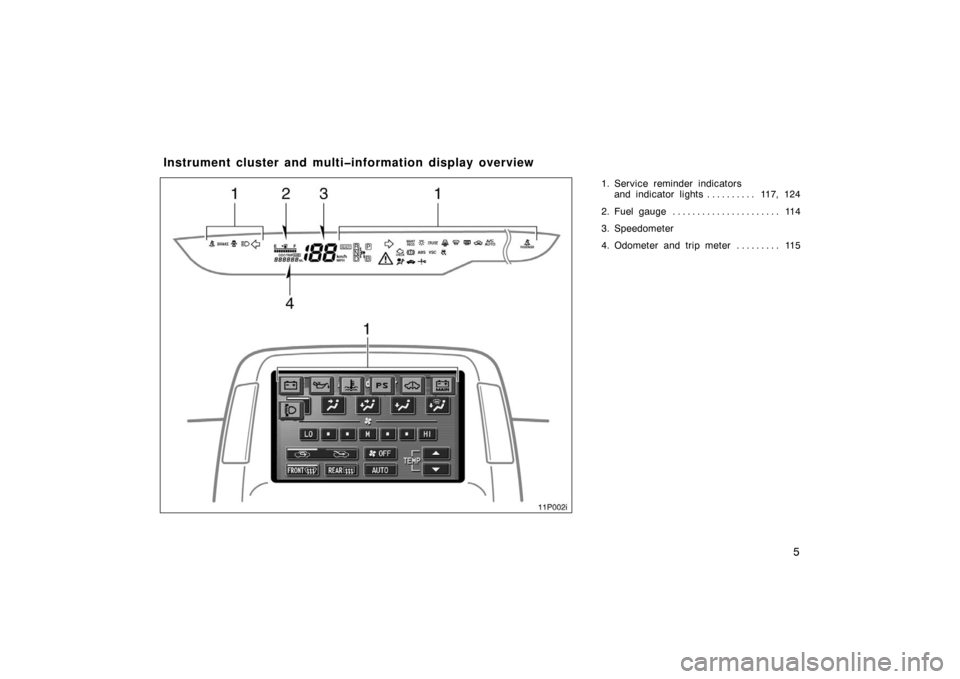 TOYOTA PRIUS 2005 2.G Owners Manual 5
1. Service reminder indicators and indicator lights 117, 124 . . . . . . . . . . 
2. Fuel gauge 114 . . . . . . . . . . . . . . . . . . . . . . 
3. Speedometer
4. Odometer and trip meter 115 . . . .