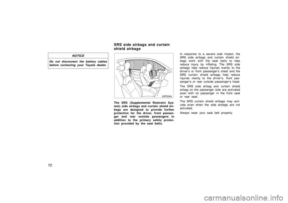 TOYOTA PRIUS 2005 2.G Manual PDF 72
NOTICE
Do not disconnect the battery cables
before contacting your Toyota dealer.
22p024b
The SRS (Supplemental Restraint Sys-
tem) side airbags and curtain shield air-
bags are designed to provide