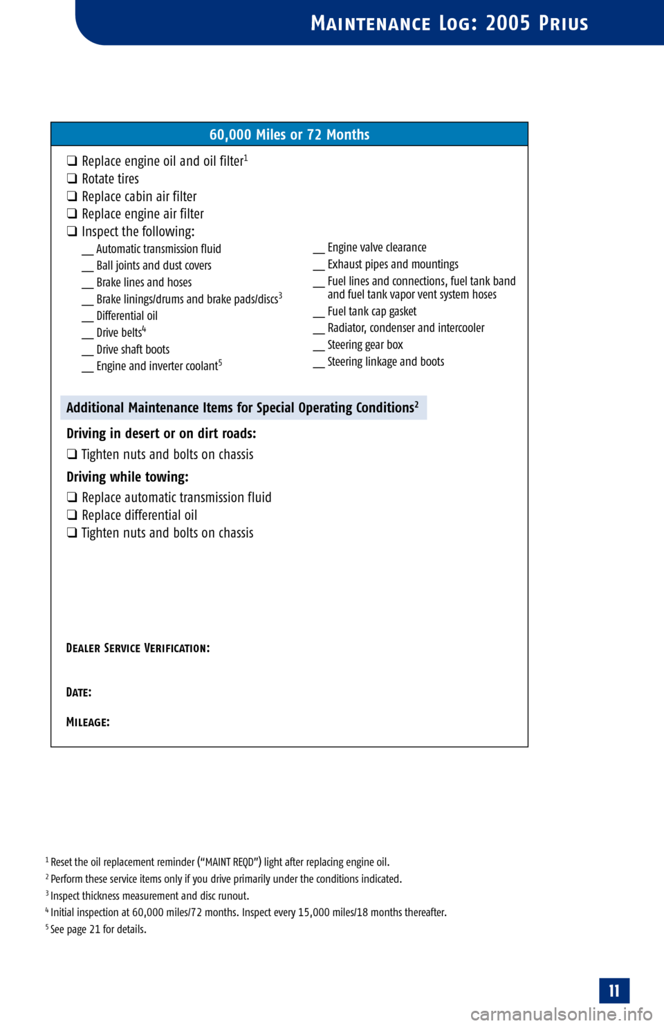 TOYOTA PRIUS 2005 2.G Scheduled Maintenance Guide 
1 Reset the oil replacement reminder (“MAINT REQD”) light after replacing engine oil.2 Perform these service items only if you drive primarily under the conditions indicated.3 Inspect thickness m