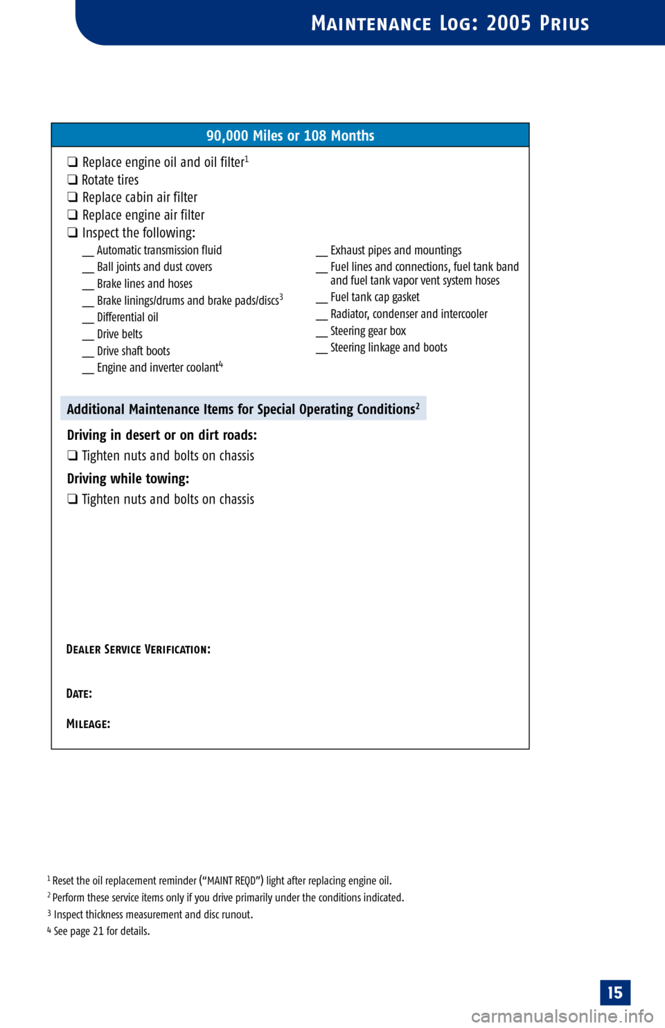 TOYOTA PRIUS 2005 2.G Scheduled Maintenance Guide 
1515
1 Reset the oil replacement reminder (“MAINT REQD”) light after replacing engine oil.2 Perform these service items only if you drive primarily under the conditions indicated.3Inspec tthickne