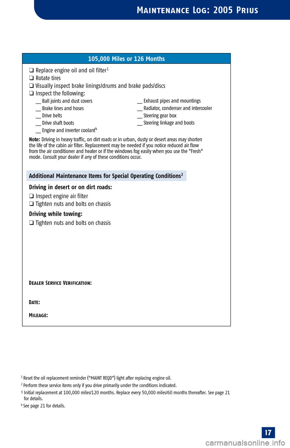 TOYOTA PRIUS 2005 2.G Scheduled Maintenance Guide 
1 Reset the oil replacement reminder (“MAINT REQD”) light after replacing engine oil.2 Per for m these service items only if you drive primarily under the conditions indicated.3Init ial replaceme