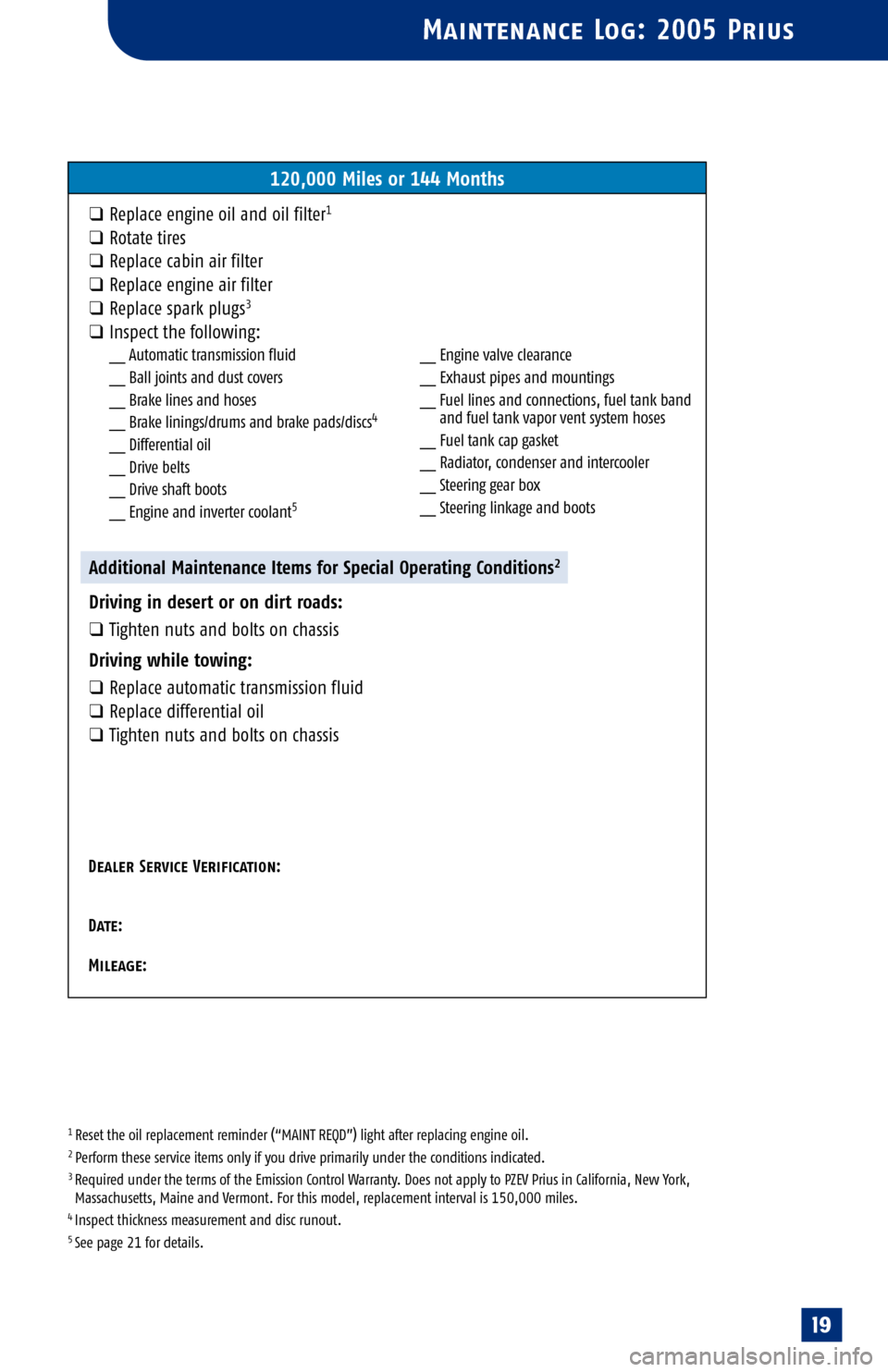 TOYOTA PRIUS 2005 2.G Scheduled Maintenance Guide 
1 Reset the oil replacement reminder (“MAINT REQD”) light after replacing engine oil.2 Perform these service items only if you drive primarily under the conditions indicated.3 Required under the 