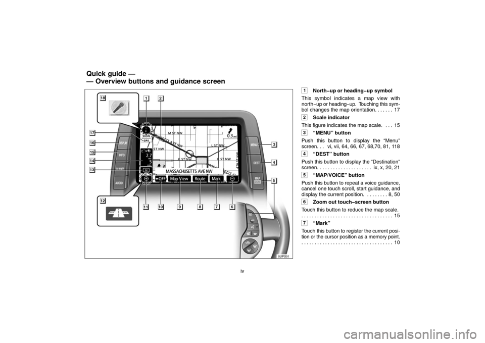 TOYOTA PRIUS 2006 2.G Navigation Manual iv
1North�up or heading�up symbol
This symbol indicates a map view with
north−up or heading −up.  T ouching this sym-
bol changes the map orientation. 17 . . . . . . 
2Scale indicator
This figure 