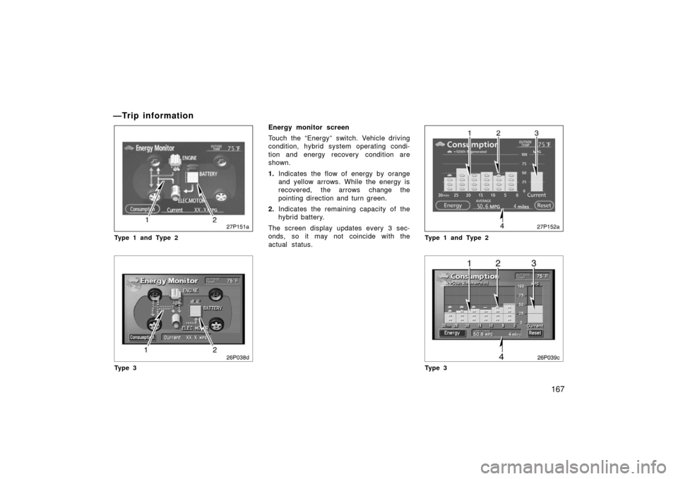 TOYOTA PRIUS 2006 2.G Owners Guide 167
—Trip information
27p151a
Type 1 and Type 2
26p038d
Ty p e 3
Energy monitor screen
Touch the “Energy” switch. Vehicle driving
condition, hybrid system operating condi-
tion and energy recove