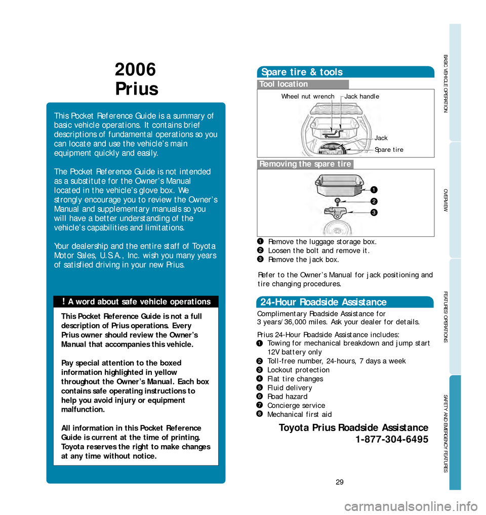 TOYOTA PRIUS 2006 2.G Quick Reference Guide !Aword about safe vehicle oper ations
This 
Pocket Reference Guide is a summary of
basic vehicle operations. It contains brief
descriptions of fundamental operations so you
can locate and use the vehi